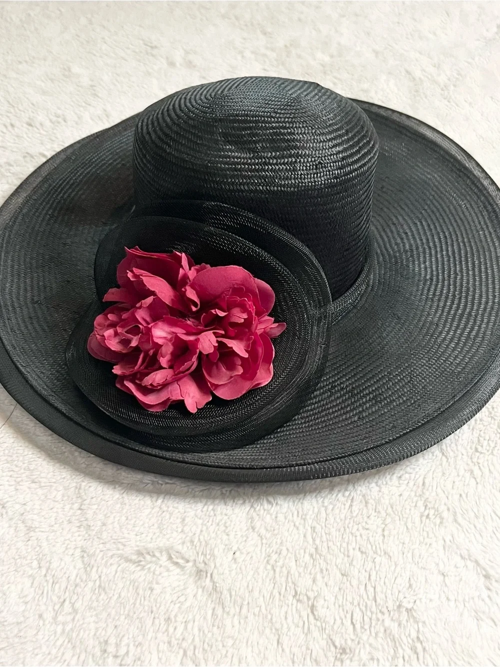Vintage Plaza Suite by Betmar Black Wide Brim Derby Hat with Rose Fascinator